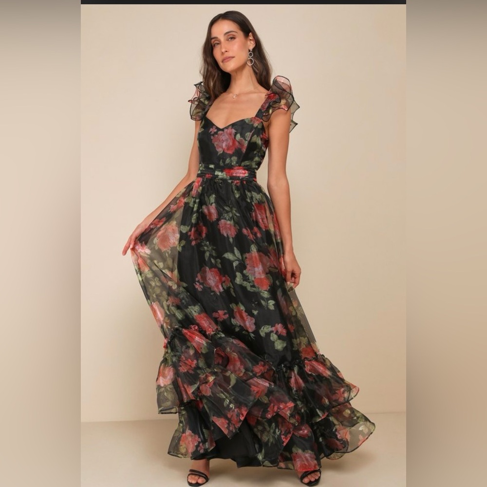 Lulus Floral Black and Red Maxi Dress